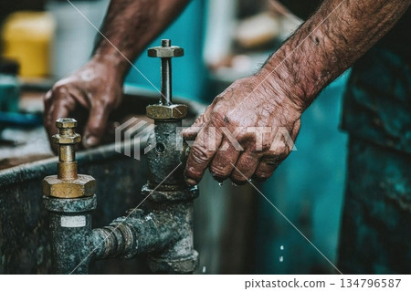 Close-Up of Hands of Plumber Installing Water Valve with Dripping Water 134796587
