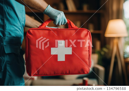 Gloved Hand Reaching for Emergency First Aid Kit in Indoor Setting with Soft Lighting 134796588