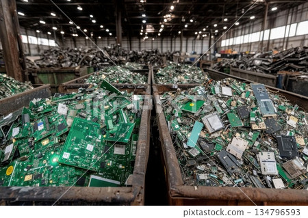 Neatly Organized Warehouse with Sorted Electronic Waste in Recyclable Containers 134796593
