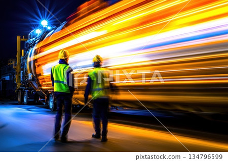 Workers in Helmets and Reflective Vests Walking Along Night Street with Moving Lights 134796599