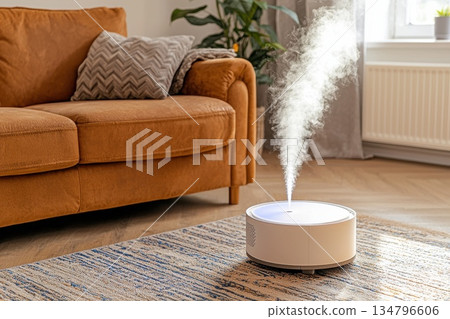 Modern futuristic home setting with AI-driven robotic device creating steam in living room 134796606