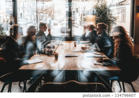 Dynamic Executive Meeting Scene with Professionals Engaged and Interacting in Modern Office Setting Dynamic Executive Meeting Scene with Professionals Engaged and Interacting in Modern Office Setting 134796607
