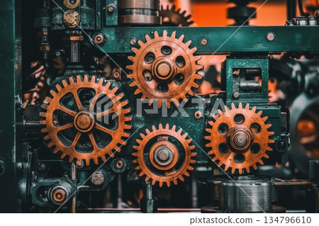 Dramatic Close-Up of Rotating Gears Inside a Massi Machine in Industrial Setting Dramatic Close-Up of Rotating Gears Inside a Massi Machine in Industrial Setting 134796610