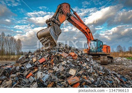 Industrial Excavator Lifting Discarded Metal in Scrap Yard under Dramatic Sky Industrial Excavator Lifting Discarded Metal in Scrap Yard under Dramatic Sky 134796613