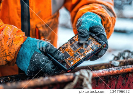 Close-Up of Workers with Gloved Hands Carefully Handling Electronics in Winter Environment 134796622