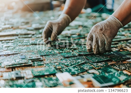 Close-Up of Workers Carefully Handling Circuit Boards with Gloved Hands in a Workshop Environment 134796623