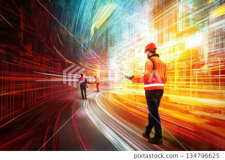 Workers Collaborating in a Brightly Lit Factory Floor with Dynamic Technology Elements 134796625