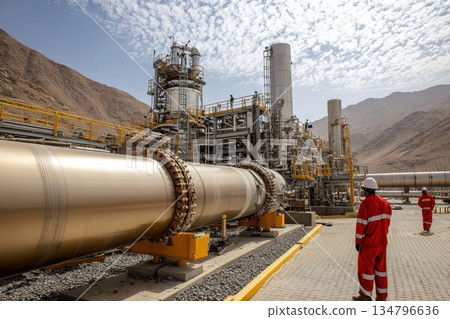 Workers Installing Final Segment of Large Scale Pipeline in Industrial Setting with Mountains Workers Installing Final Segment of Large Scale Pipeline in Industrial Setting with Mountains 134796636