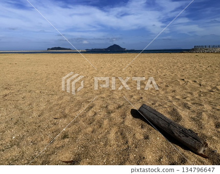 "Driftwood lying on a quiet winter beach and the shadow of an island in the distance" 134796647