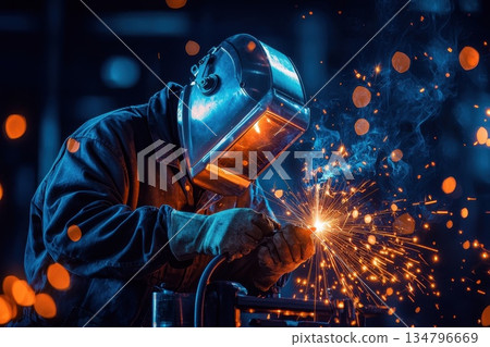 Industrial Mechanic Welding Large Steel Parts in Workshop with Bright Sparks and Efforts 134796669