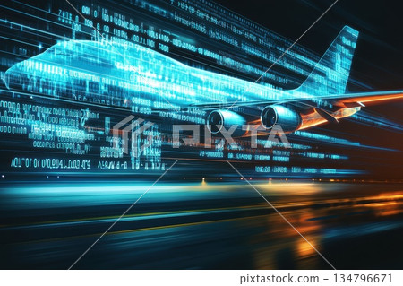 Air Cargo Plane Taking Off at Sunset with Futuristic Digital Effect and Bright Colors Air Cargo Plane Taking Off at Sunset with Futuristic Digital Effect and Bright Colors 134796671