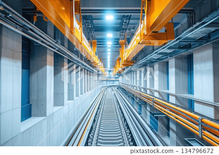 Awe-Inspiring Train Maintenance Facility with Tracks and Industrial Overhead Cranes 134796672