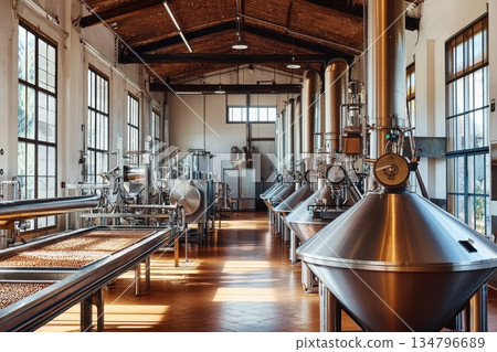 Rustic Industrial Processing Plant Interior with Stainless Steel Equipment and Natural Light Rustic Industrial Processing Plant Interior with Stainless Steel Equipment and Natural Light 134796689