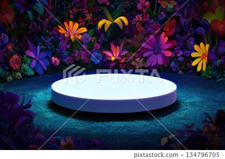 Tiered White Showcase Platform Surrounded by Vibrantly Colored Flowers in Nature Tiered White Showcase Platform Surrounded by Vibrantly Colored Flowers in Nature 134796705
