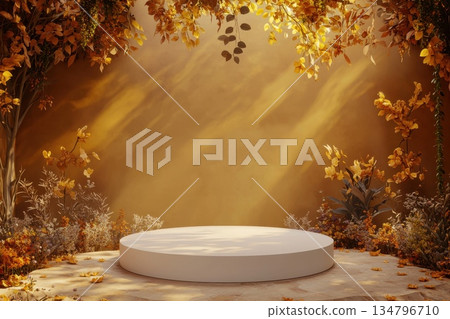 Elegant White Podium on Natural Stone Surrounded by Autumn Foliage and Soft Lighting Elegant White Podium on Natural Stone Surrounded by Autumn Foliage and Soft Lighting 134796710