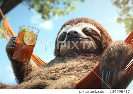 Sleepy Sloth Relaxing in Hammock with Drink in Sunny Forest Setting 134796717