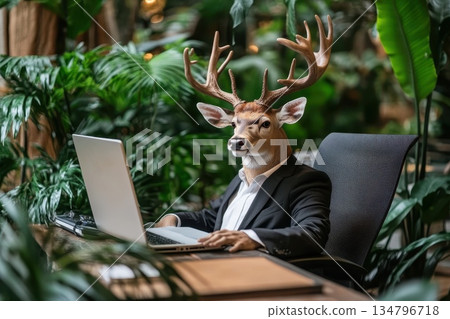Businessman with Deer Head in Office Surrounded by Green Plants Businessman with Deer Head in Office Surrounded by Green Plants 134796718
