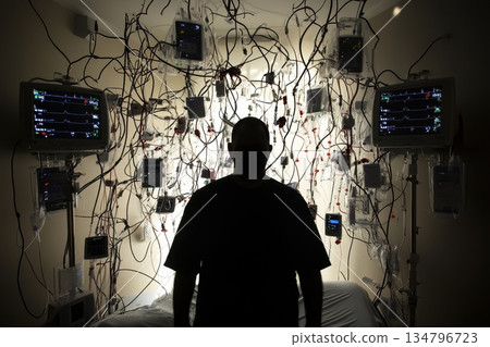 Silhouette of Patient Surrounded by Medical Monitors and Equipment Silhouette of Patient Surrounded by Medical Monitors and Equipment 134796723