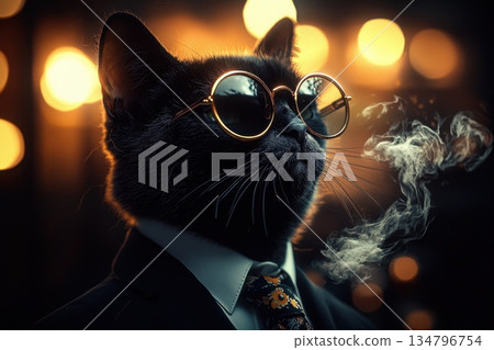 Stylish Cat in Tailored Tuxedo with Sunglasses Against a Bokeh Background 134796754