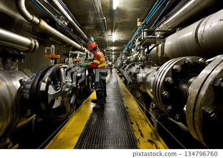 Maintenance Engineer Working Inside Industrial Facility with Large Equipment Maintenance Engineer Working Inside Industrial Facility with Large Equipment 134796760