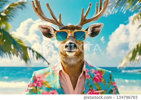 Majestic stag in floral patterned summer suit against tropical beach backdrop Majestic stag in floral patterned summer suit against tropical beach backdrop 134796765