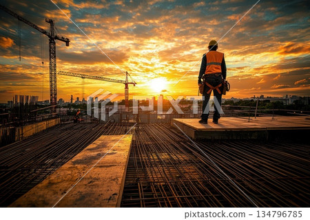 Worker in High Visibility Vest Overlooking Construction Site at Sunset 134796785
