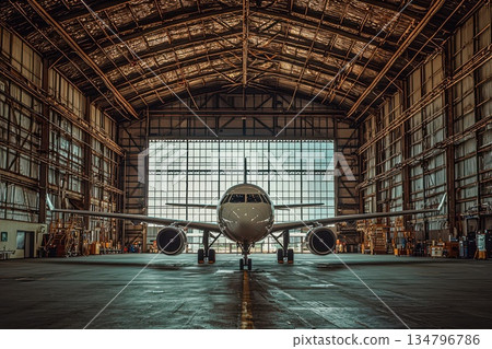 High-Tech Aerospace Manufacturing Facility Interior with Airplane in Hangar High-Tech Aerospace Manufacturing Facility Interior with Airplane in Hangar 134796786