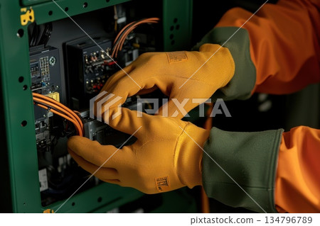 Gloved Hands Connecting Solar Panel Components in an Electrical Setup 134796789