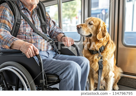 Service Dog Watching Over Elderly Man in Wheelchair Inside Public Transportation Service Dog Watching Over Elderly Man in Wheelchair Inside Public Transportation 134796795