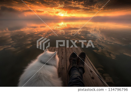 Child and Fluffy White Samoyed Sitting on Dock at Sunset Over Calm Water Child and Fluffy White Samoyed Sitting on Dock at Sunset Over Calm Water 134796796