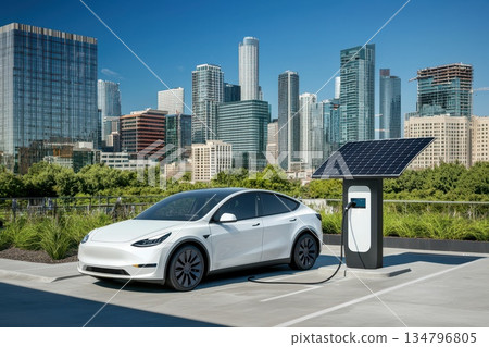 Sleek Electric Vehicle Charging at a Futuristic Urban Landscape with Solar Power Sleek Electric Vehicle Charging at a Futuristic Urban Landscape with Solar Power 134796805
