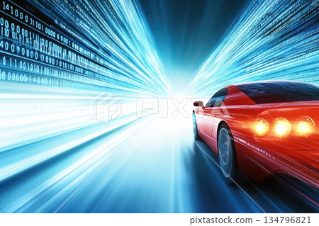 Red Sports Car Racing Towards Future With Digital Effects and Innovation Concepts Red Sports Car Racing Towards Future With Digital Effects and Innovation Concepts 134796821