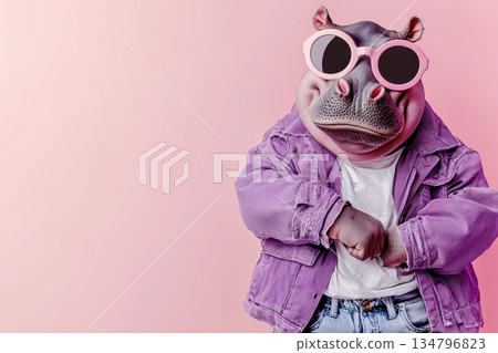 Hippo Character in Pastel Purple Jacket with Sunglasses Against Pink Background Hippo Character in Pastel Purple Jacket with Sunglasses Against Pink Background 134796823