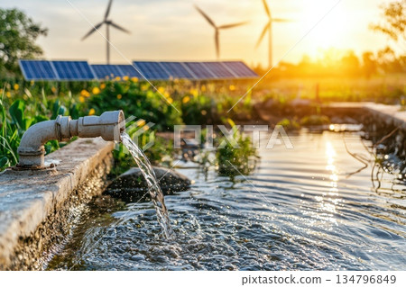 Serene Scene of Water Flowing from Tap with Wind Turbines in Background at Sunset 134796849