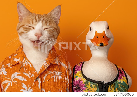 Friendly Cat in Breezy Button-Down Shirt Poses with Quirky Rubber Duck Decoy 134796869
