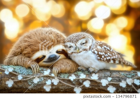 Sleepy Sloth and Wise Owl Snuggled Together in a Cozy Forest Setting 134796871