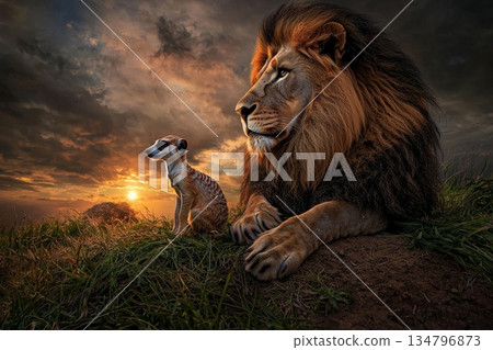 Majestic Lion and Playful Meerkat Sitting Together at Sunset in a Scenic Landscape Majestic Lion and Playful Meerkat Sitting Together at Sunset in a Scenic Landscape 134796873