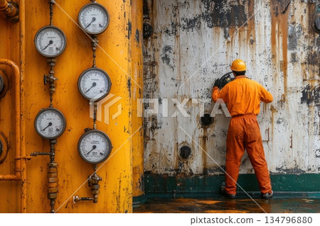 Marine Engineer Working Inside Engine Room of a Vessel with Industrial Equipment and Gauges 134796880
