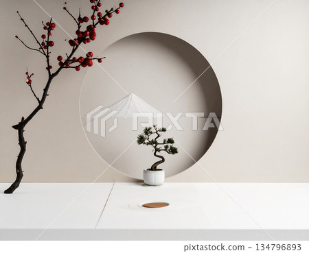 透過圓形窗戶可以看到富士山和盆景樹。 134796893