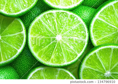 Bright Green Limes Slices on Bold Vibrant Background for Freshness and Flavor Bright Green Limes Slices on Bold Vibrant Background for Freshness and Flavor 134796910