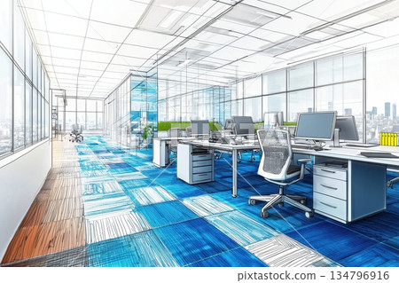 Modern Co-Working Space Concept with Stylish Furniture and Large Windows Modern Co-Working Space Concept with Stylish Furniture and Large Windows 134796916