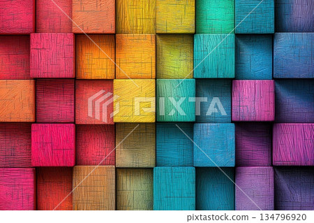 Colorful Mosaic of Futuristic Squares with Metal Textures and Vibrant Hues 134796920