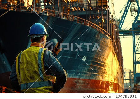 Worker in Yellow Safety Vest Observing Ship in Shipyard During Sunset 134796931