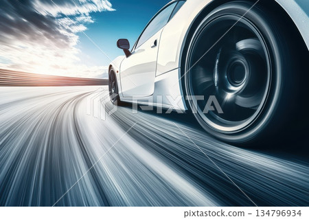 Dynamic Motion Shot of Sports Car Speeding Down Curved Track at Sunset Dynamic Motion Shot of Sports Car Speeding Down Curved Track at Sunset 134796934