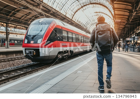 Commuter Walking Alongside Train Tracks at City Station During Sunset Lighting 134796943