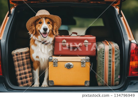 Family Adventure: Dog Ready for Summer Road Trip with Luggage in Car Trunk 134796949