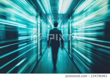 Professional in Dark Suit Walking Through Modern Business Corridor Abstract Motion Professional in Dark Suit Walking Through Modern Business Corridor Abstract Motion 134796961