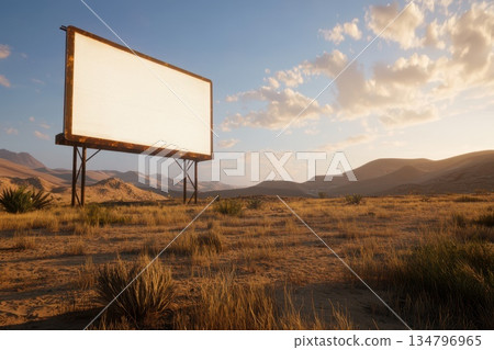 Neon Billboard Hovering Over Sandy Desert Landscape with Dramatic Sky 134796965