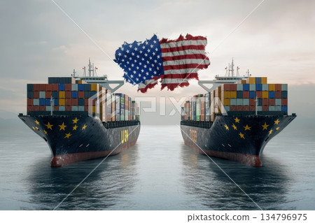 Digital Composite Image of Two Cargo Ships with American Flag Backdrop 134796975