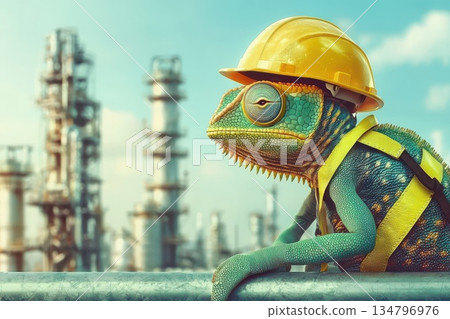 Chameleon in Tiny Safety Vest and Helmet Perched on Industrial Scenery Chameleon in Tiny Safety Vest and Helmet Perched on Industrial Scenery 134796976